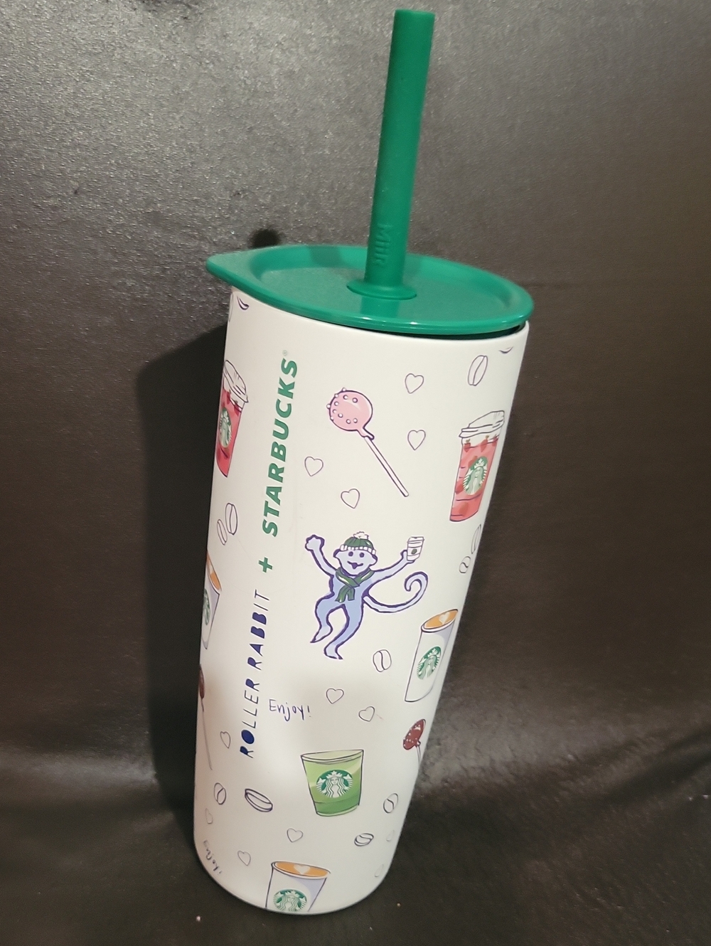 Pre-loved Starbucks White Tumbler with Green Lid and Illustrated Roller Rabbit